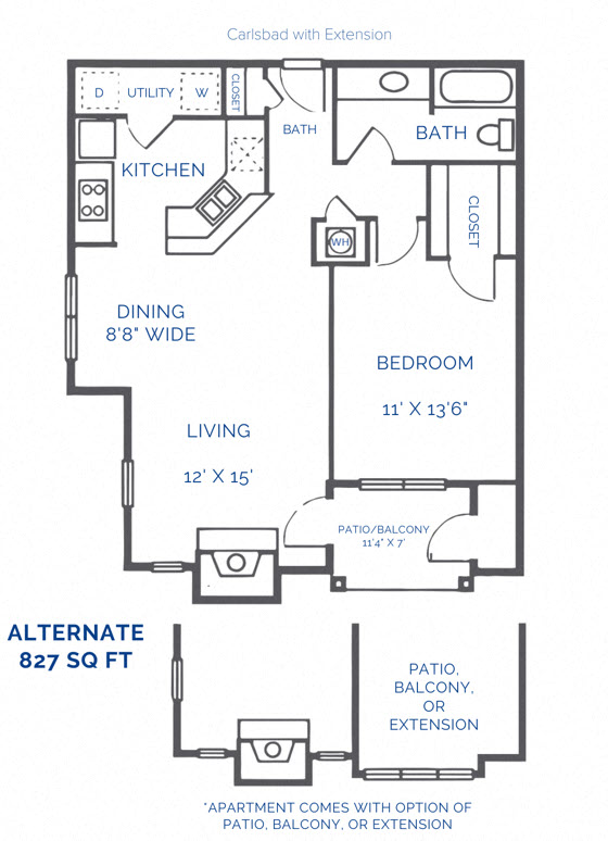Floor plan for 1 bed, 1 bath, 827 sqft
